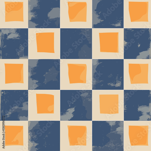 Textile design with a trendy pattern of chessboard style in deep blue and soft orange, perfect for wallpaper, card design, banner, on a pale gray backdrop.