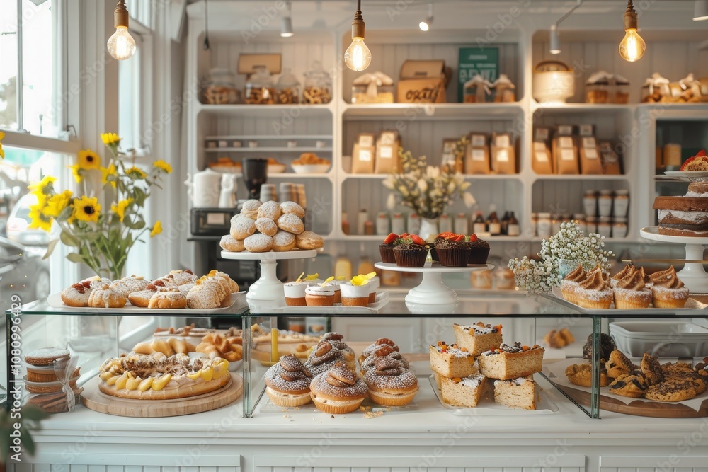 Fototapeta premium A charming bakery showcases an array of tempting pastries and cakes in a beautifully decorated setting A charming bakery with delicious pastries and cakes on display