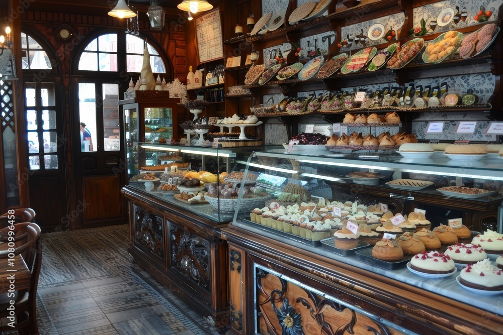 A bakery counter overflowing with tempting pastries and cakes, showcasing a wide variety of sweet treats in a charming, vintage setting A charming bakery with delicious pastries and cakes on display A bakery counter overflowing with tempting pastries and cakes, showcasing a wide variety of sweet treats in a charming, vintage setting A charming bakery with delicious pastries and cakes on display