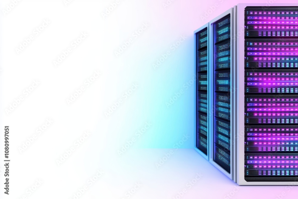 a detailed server rack with illuminated panels in purple and blue tones, high-tech network concept, minimalist and modern, isolated on white background a detailed server rack with illuminated panels in purple and blue tones, high-tech network concept, minimalist and modern, isolated on white background
