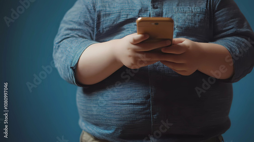 close up of a 10 year old boy using the cell phone. overweight child
