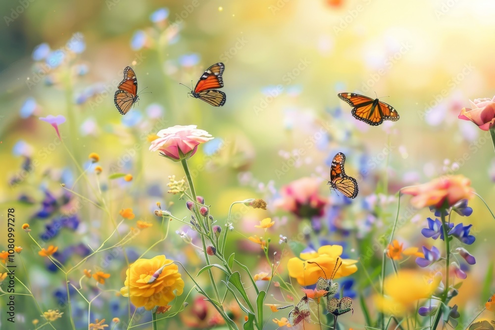 Butterflies flutter among blooming flowers in a charming garden bathed in sunlight A charming garden with blooming flowers and fluttering butterflies Butterflies flutter among blooming flowers in a charming garden bathed in sunlight A charming garden with blooming flowers and fluttering butterflies