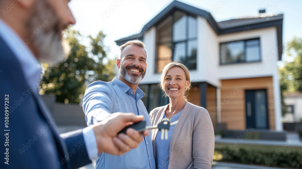 A Joyful Couple Receives House Keys From a Real Estate Agent in Front of Their New Suburban Home on a Sunny Day