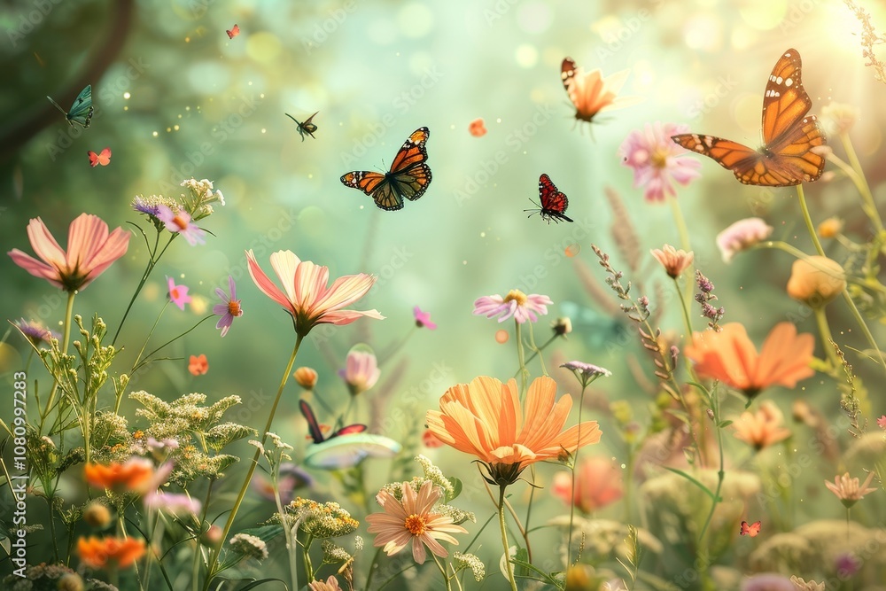 Two monarch butterflies flutter among bright yellow and orange flowers in a lush summer garden A charming garden with blooming flowers and fluttering butterflies Two monarch butterflies flutter among bright yellow and orange flowers in a lush summer garden A charming garden with blooming flowers and fluttering butterflies