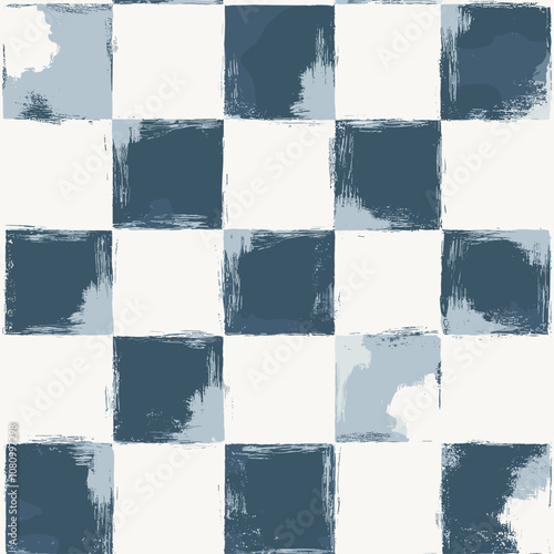 Trendy pattern of chessboard in light gray and deep blue squares, ideal for textile design, card design, wallpaper, banner, soft white background.