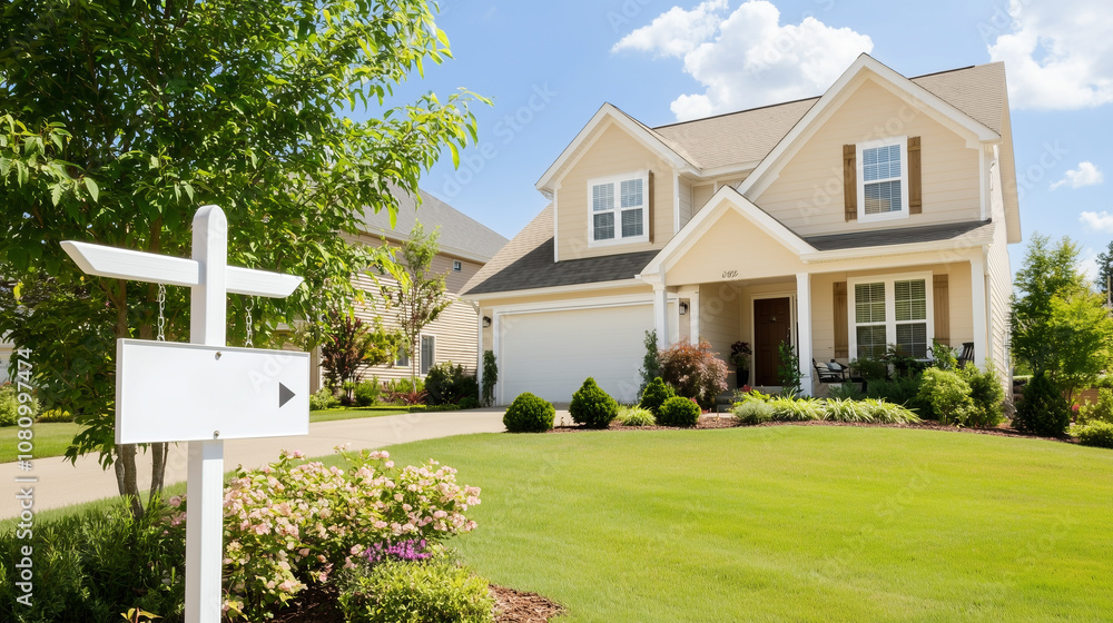 Charming House With a for Sale Sign Surrounded by a Beautifully Manicured Lawn Under a Bright Blue Sky