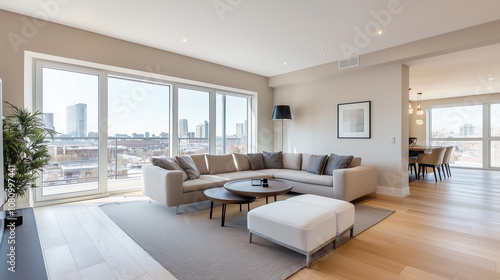 Obraz na płótnie Elegant City View Apartment Featuring Modern Furnishings and Abundant Natural Light in a Spacious Layout w salonie