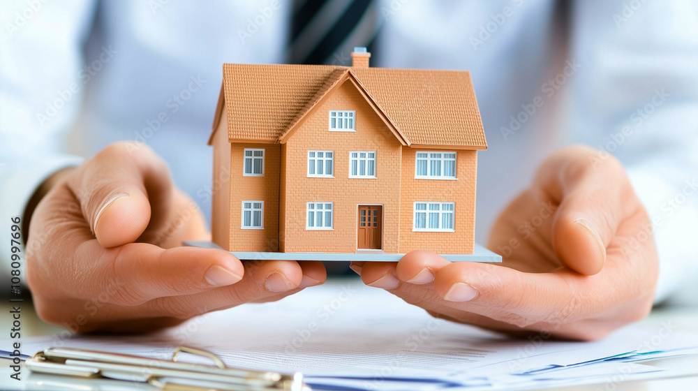 Holding a Miniature House Model Above a Table Filled With Real Estate Documents, Illustrating the Essence of Property Transactions and Home Ownership