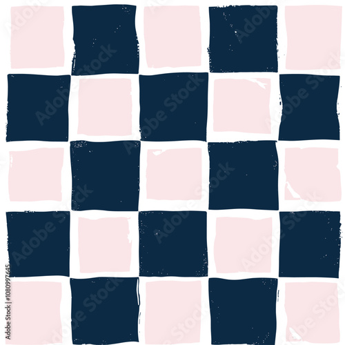 Trendy pattern with alternating dark blue and soft pink squares on a white backdrop, perfect for textile design, wallpaper, card design, and banners, chic and stylish.