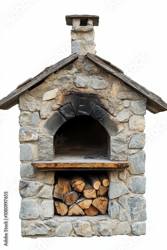 Stone outdoor oven with wood logs.