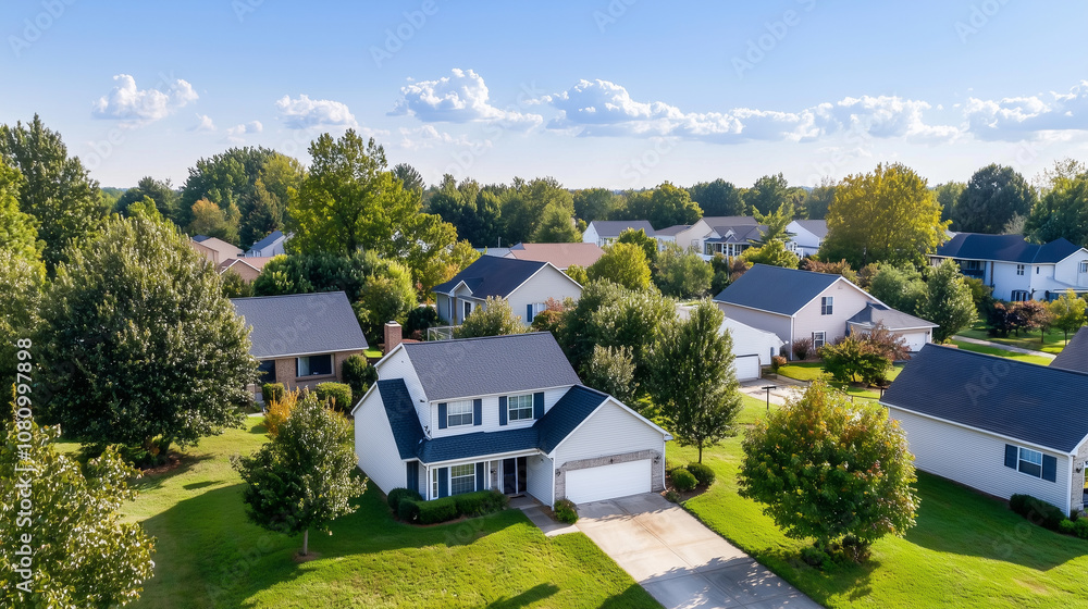 Aerial View Captures Vibrant Suburban Neighborhood With Diverse Homes and For Sale Signs on a Sunny Day