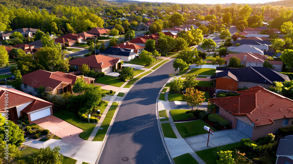 Aerial View of a Vibrant Suburban Neighborhood Showcasing Diverse Homes and Lush Greenery on a Sunny Day With For Sale Signs