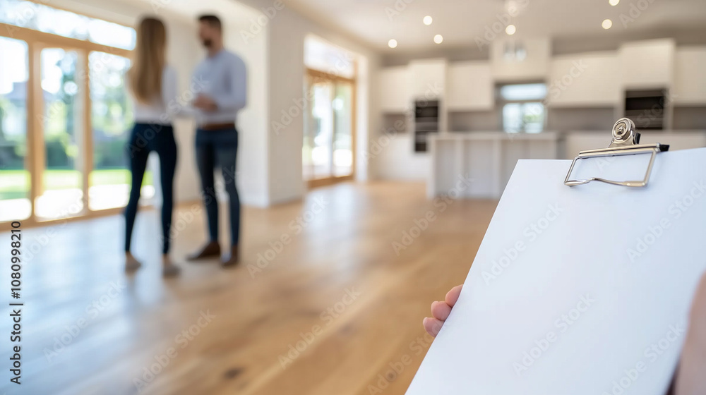 Couple Exploring a Newly Renovated Kitchen With a Real Estate Agent in an Open-Concept Home That Features Luxury Finishes