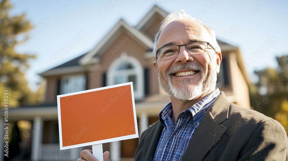Confident Real Estate Agent Celebrating a Successful Home Sale Next to a Proudly Displayed Sold Sign in Front of a Beautiful Property