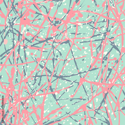 Trendy pattern with clusters of irregular hand-drawn lines and dots in pink, coral, and gray, artistic design, mint green background, decorative wallpaper, stylish interior. photo