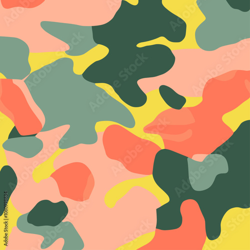 Abstract shapes in coral and green with trendy pattern layers, modern wallpaper design accented by soft yellow highlights, creating a unique and artistic touch.