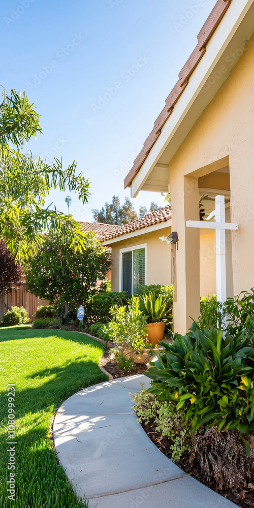 Charming Home With a for Sale Sign Nestled in a Landscaped Yard Under a Clear Blue Sky