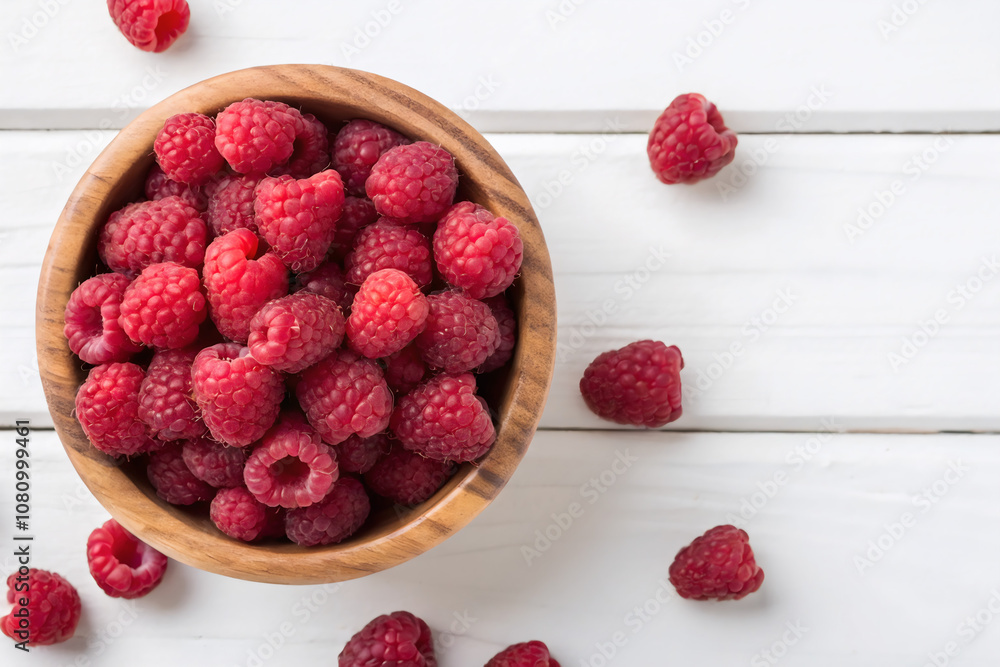 Fresh raspberries in a wooden bowl on a white table. Top view. Fresh raspberries in a wooden bowl on a white table. Top view.