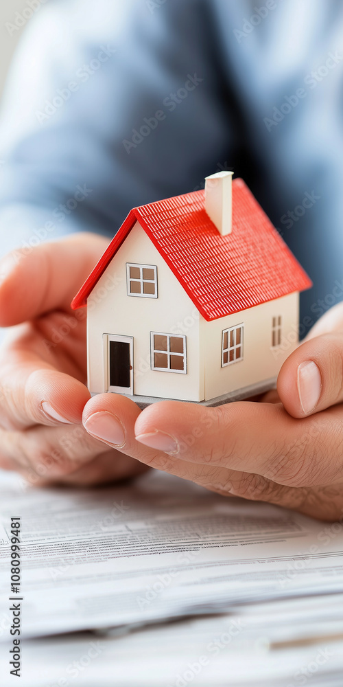 Hands Carefully Holding a Miniature House Above a Table Covered With Real Estate Documents Symbolizing the Home Buying Process