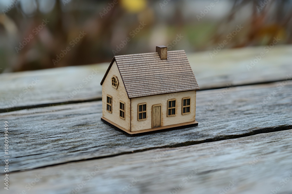 Miniature house placed on a wooden surface, representing concepts of home and ownership Miniature house placed on a wooden surface, representing concepts of home and ownership