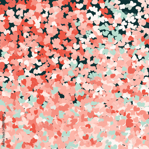 Decorative wallpaper design with crowded clusters of small floral shapes in pink, coral, and mint green, creating a hand-drawn layered effect, trendy pattern, floral decor, modern style. photo