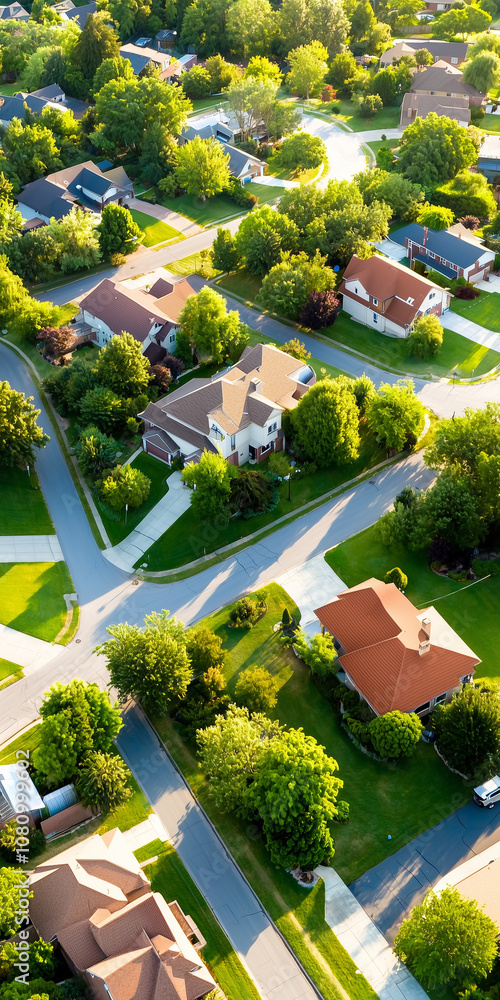 Aerial View of a Vibrant Suburban Neighborhood With Diverse Homes and For Sale Signs on a Sunny Day