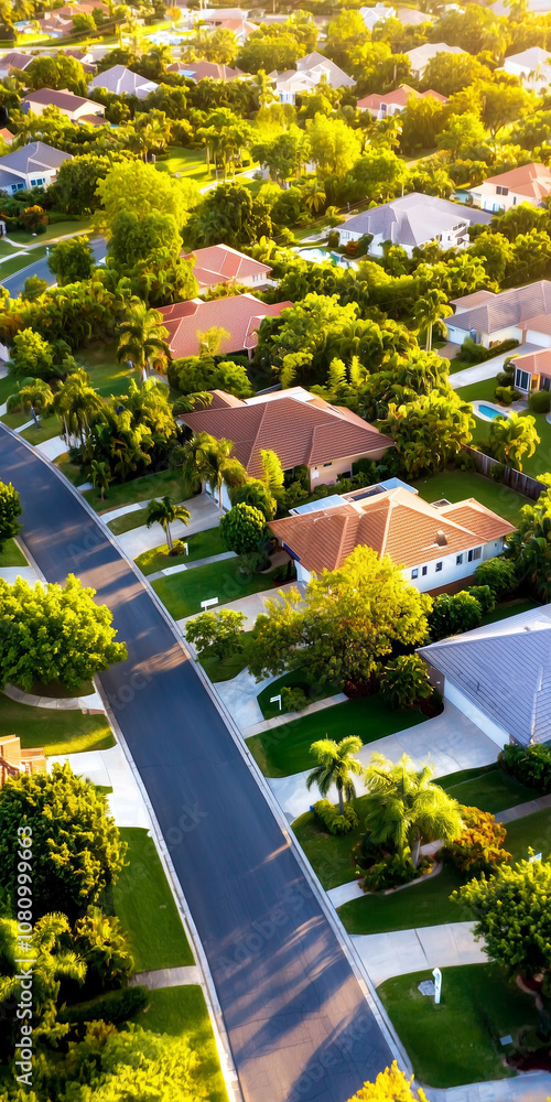 Aerial View of a Sunny Suburban Neighborhood With Diverse Homes and Abundant Greenery Featuring For Sale Signs on a Bright Day