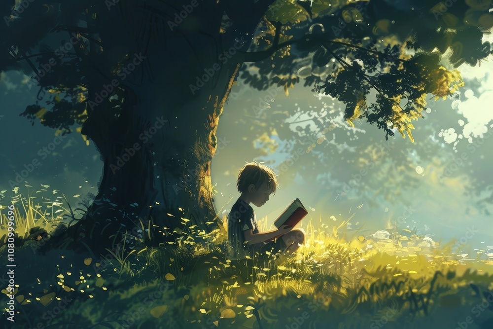 A young child sits under a tree, reading a book at sunset A child reading a book under a tree, completely lost in the story A young child sits under a tree, reading a book at sunset A child reading a book under a tree, completely lost in the story