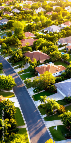 Obraz na płótnie Aerial View of a Sunny Suburban Neighborhood With Diverse Homes and Abundant Greenery Featuring For Sale Signs on a Bright Day w salonie