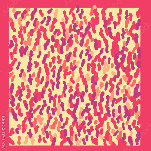 Crowded clusters of tiny abstract shapes in pink and coral, tightly packed on a soft yellow background, trendy pattern, colorful wallpaper, modern abstract design, unique pattern.