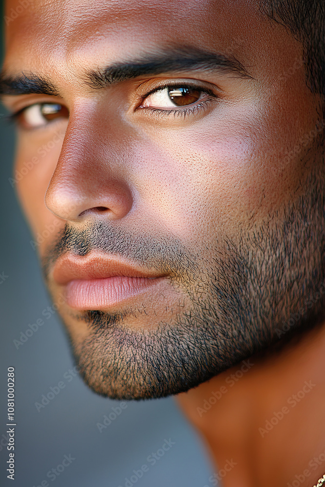 Fototapeta premium Close up of confident Hispanic man with intense gaze and natural beard