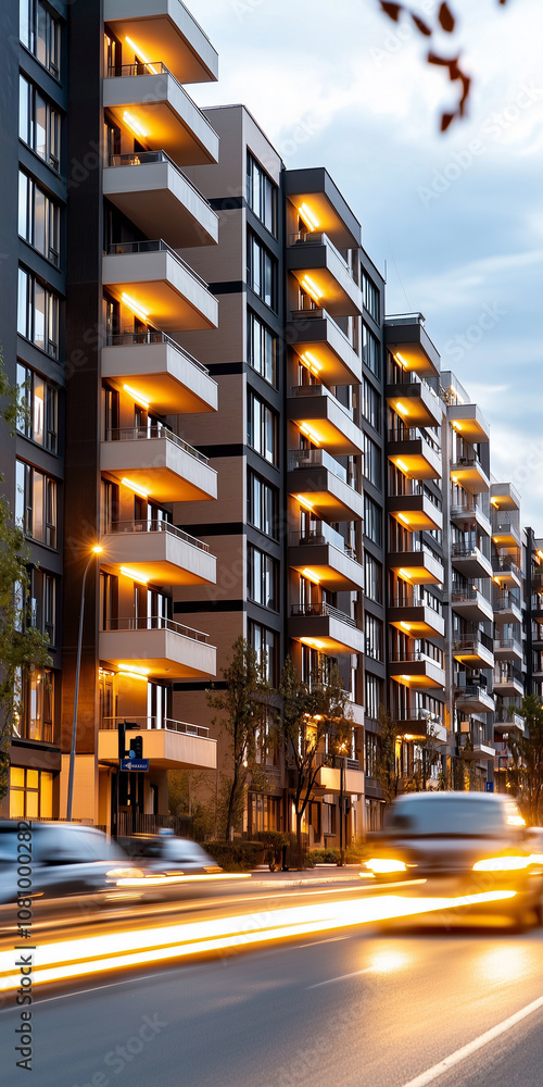 Modern Apartment Building With For Sale Signs Amidst Busy Street Activity in a Vibrant Urban Landscape at Dusk