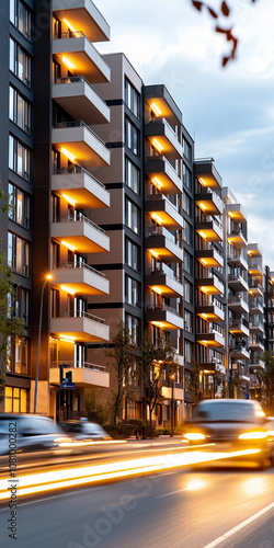 Obraz na płótnie Modern Apartment Building With For Sale Signs Amidst Busy Street Activity in a Vibrant Urban Landscape at Dusk w salonie