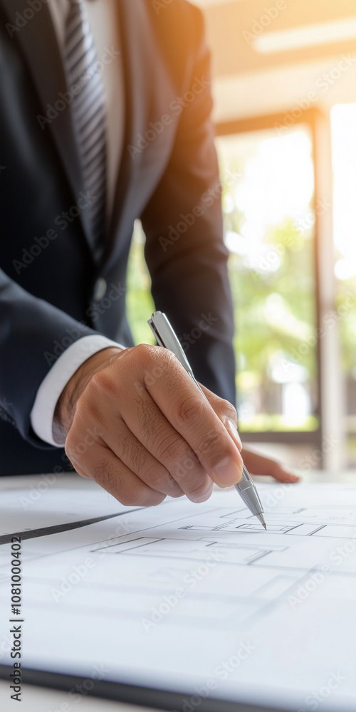 Real Estate Advisor Presents Detailed Floor Plans in a Modern Office to Engage Potential Buyers in an Informative Discussion