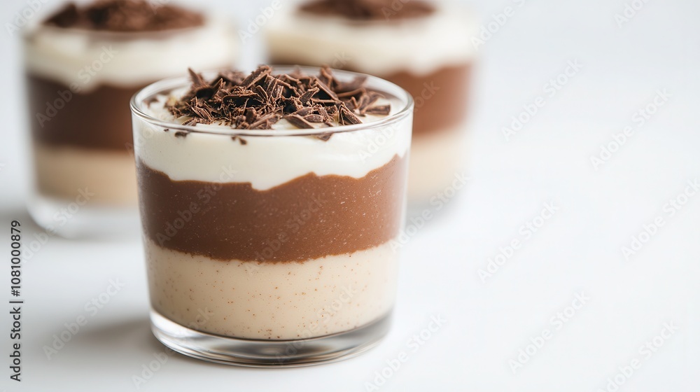 Delicious layered grid pudding with chocolate and vanilla in glass cups against a white background showcasing attractive textures Delicious layered grid pudding with chocolate and vanilla in glass cups against a white background showcasing attractive textures