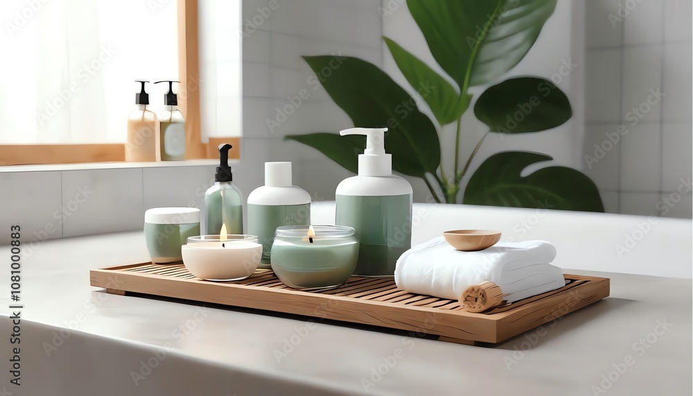 Relaxing spa setup bathroom product display tranquil environment close-up view wellness concept Relaxing spa setup bathroom product display tranquil environment close-up view wellness concept