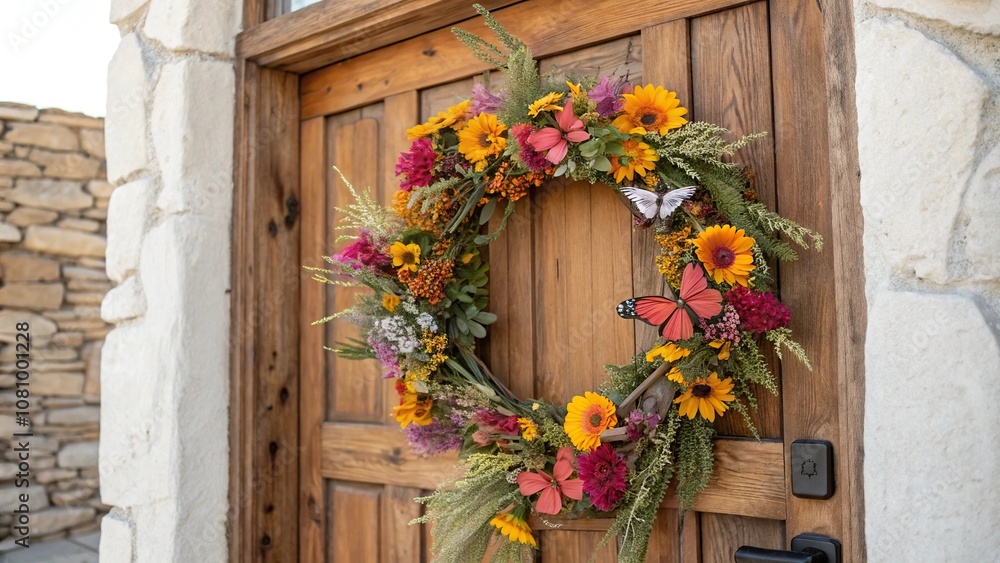 Floral wreath with butterflies and flowers on a rustic wooden door, natural, floral arrangement, colors Floral wreath with butterflies and flowers on a rustic wooden door, natural, floral arrangement, colors