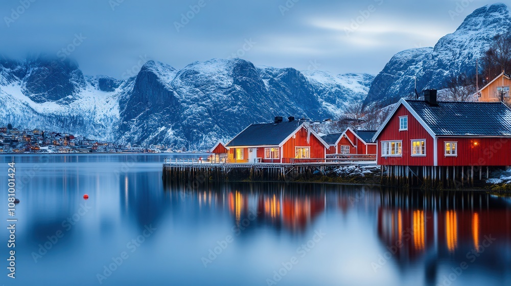 Fototapeta premium Colorful waterfront cabins reflect in calm waters at twilight in Norway\'s breathtaking natural landscape