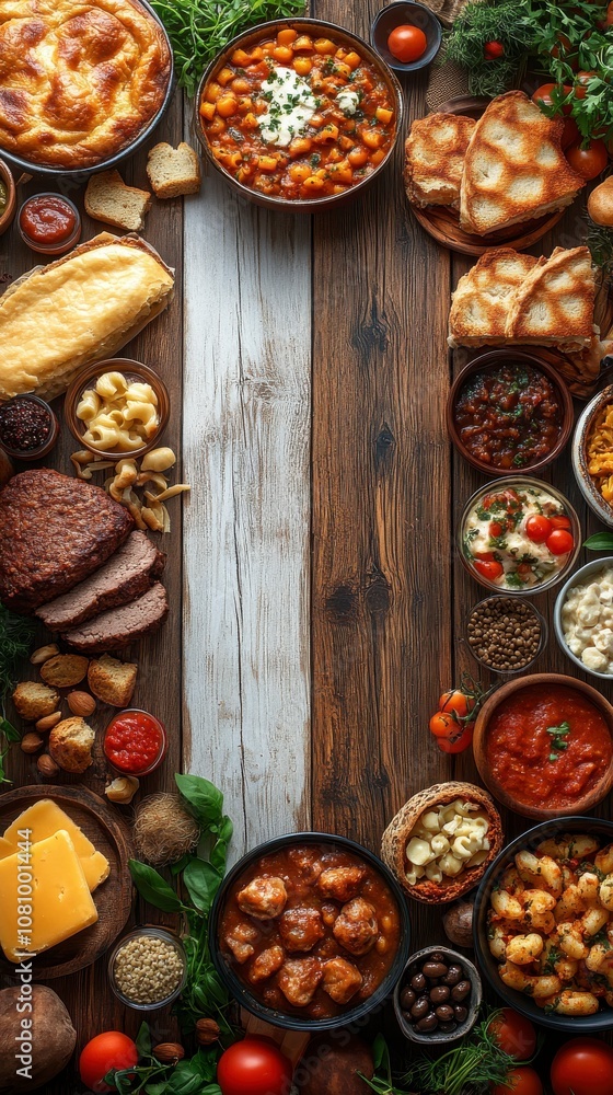 A Vibrant Array of Mediterranean Dishes, Exquisitely Displayed on a Rustic Wooden Table A Vibrant Array of Mediterranean Dishes, Exquisitely Displayed on a Rustic Wooden Table