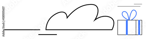 Stylized cloud next to a gift box wrapped with a blue ribbon. Ideal for technology, data storage, cloud services, digital rewards, online shopping, e-commerce, holiday promotions. Line metaphor