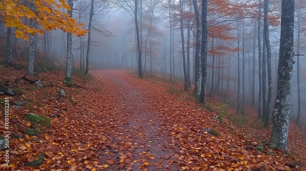 Misty Autumn Forest Path: A Tranquil Autumnal Scene Misty Autumn Forest Path: A Tranquil Autumnal Scene