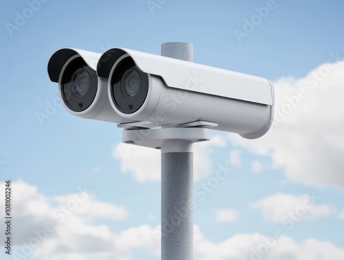 a 3D render of a pole-mounted dual-lens security camera system, sleek and modern design for advanced monitoring, isolated on white background