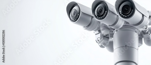 a close-up view of a mounted surveillance camera system with a robust design, multiple cameras for wide coverage, isolated on white background