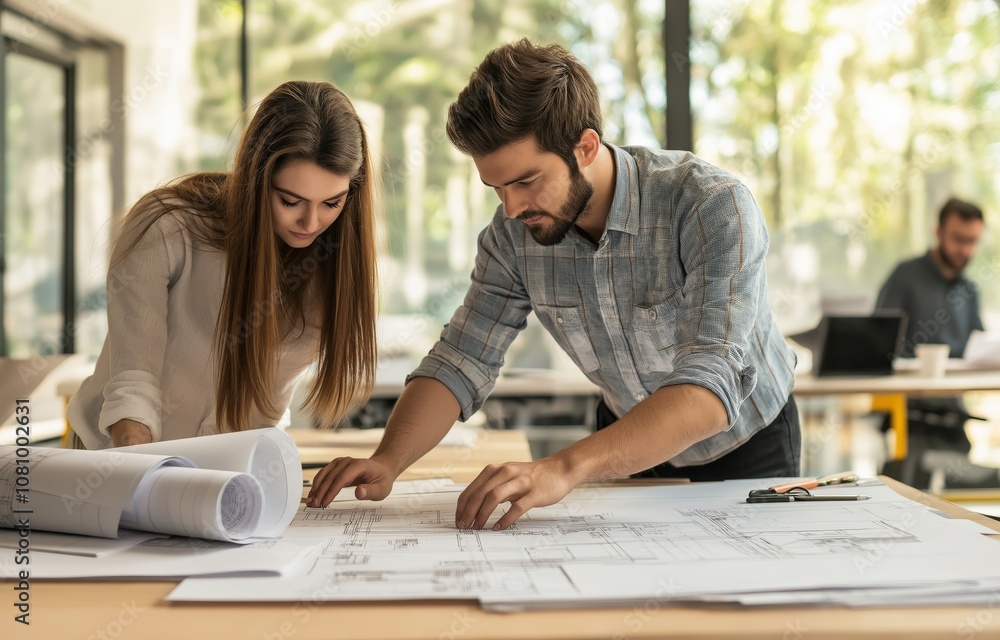 Fototapeta premium Participate in a Collaborative Business Meeting Set within a Creative Workspace, Focusing on Architectural Plans and Blueprints to Enhance the Projects Development and Design Strategies