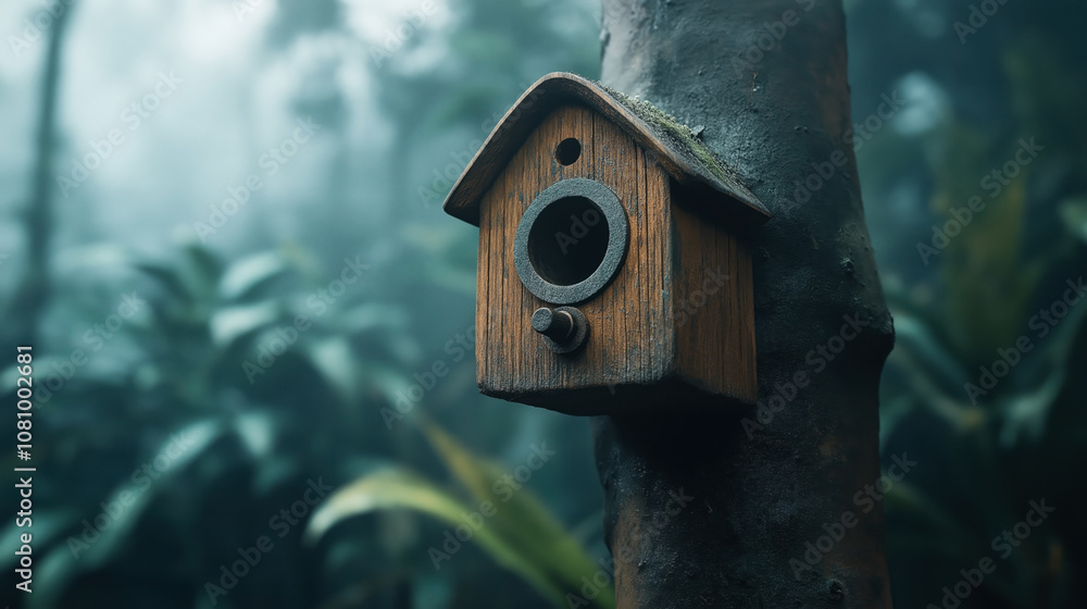 Wooden birdhouse mounted on a tree in a misty forest with surrounding blurred foliage Wooden birdhouse mounted on a tree in a misty forest with surrounding blurred foliage
