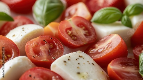 A close-up view of fresh tomatoes, mozzarella, and basil arranged beautifully on a white background photo