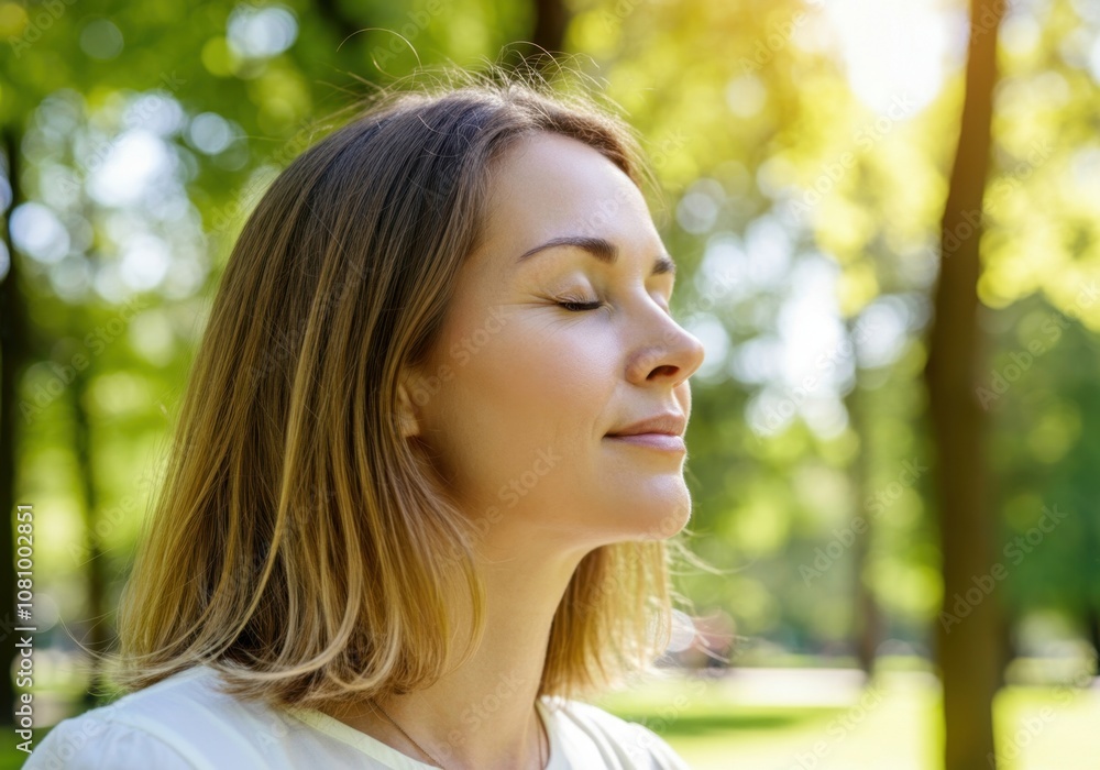 Woman enjoys breathing fresh air in nature, meditating and relaxing in a peaceful park during a sunny day Woman enjoys breathing fresh air in nature, meditating and relaxing in a peaceful park during a sunny day