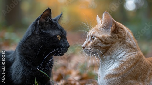 black cat and white cat are two friends close up 