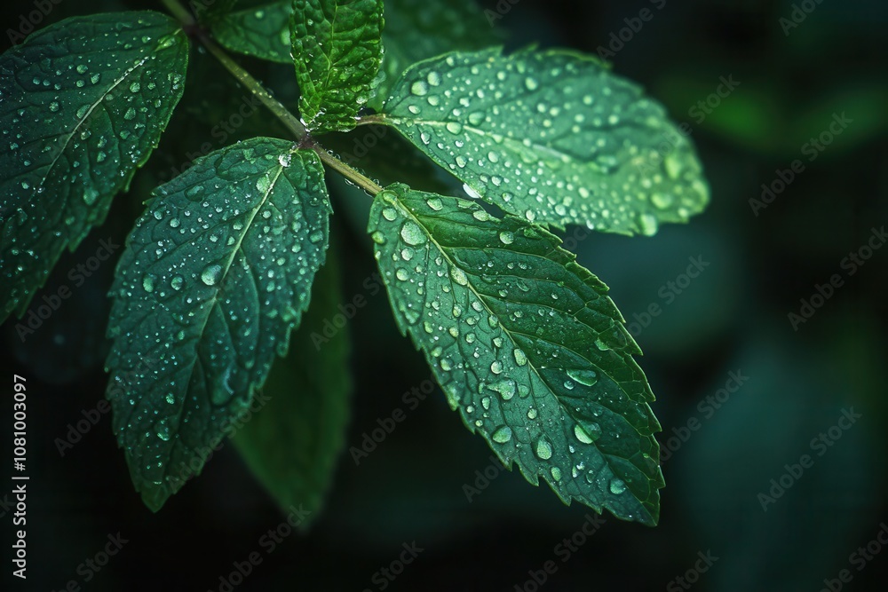 Fresh raindrops on vibrant green leaves in nature Fresh raindrops on vibrant green leaves in nature