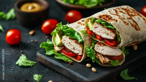 A vibrant chicken wrap loaded with fresh lettuce and tomatoes, offering a flavorful and healthy choice. photo